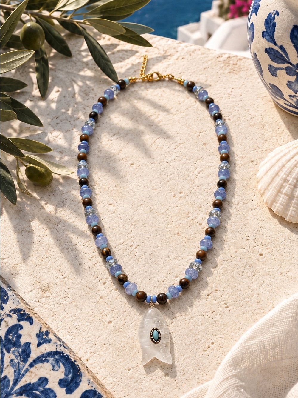 Blue Beaded Necklace with Clear Quartz Fish Pendant